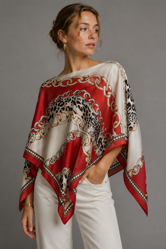 Silky Satin Print Scarf Poncho