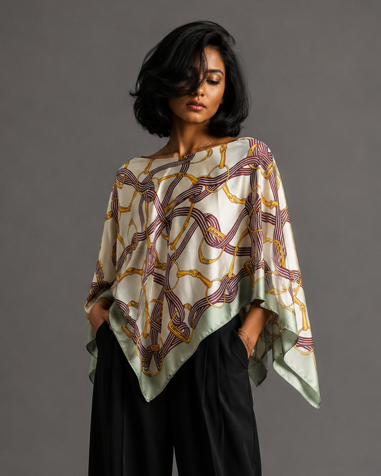Silky Satin Print Scarf Poncho