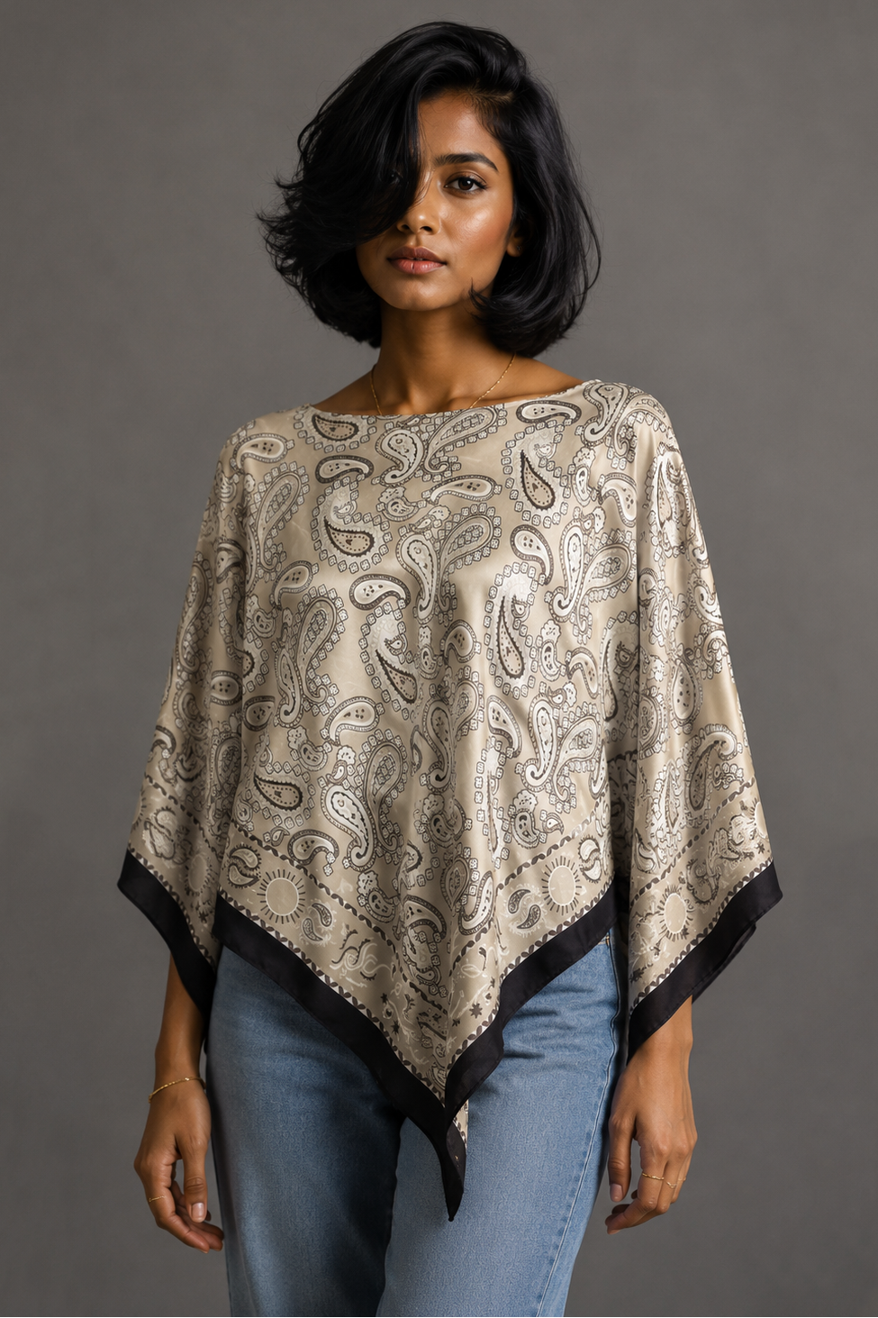 Silky Satin Print Scarf Poncho