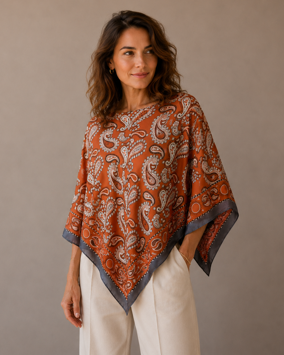 Silky Satin Print Scarf Poncho