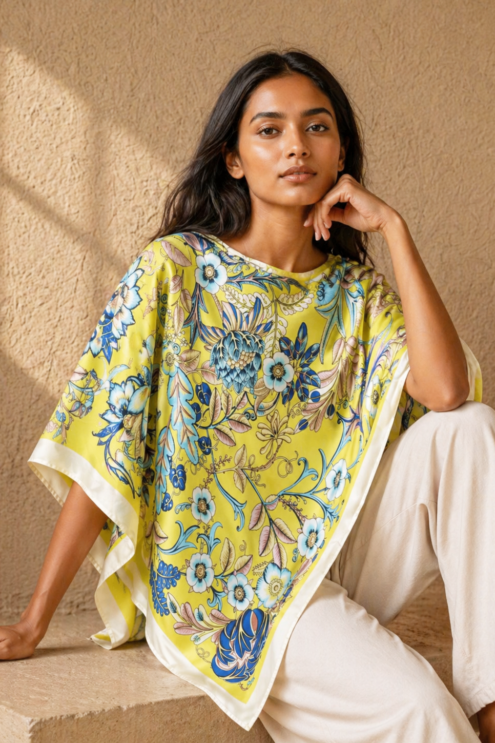 Silky Satin Print Scarf Poncho