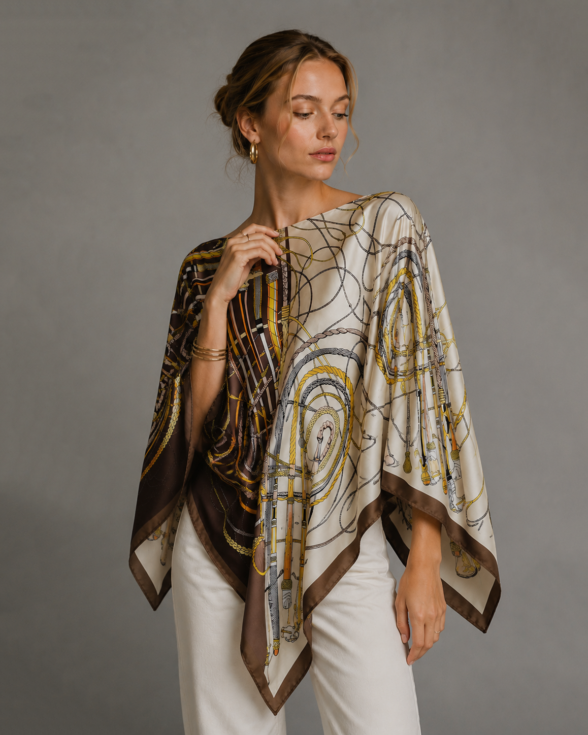 Silky Satin Print Scarf Poncho