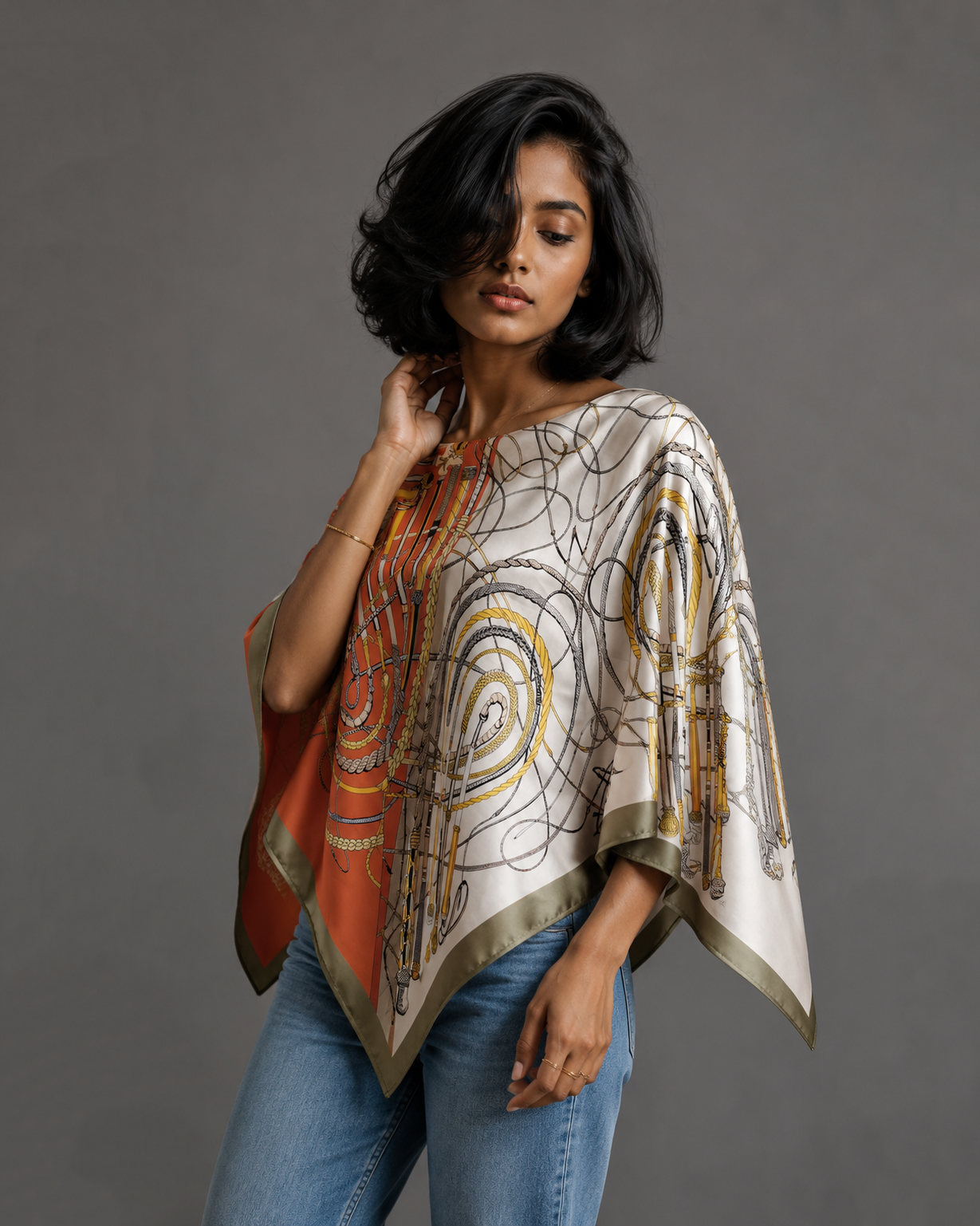 Silky Satin Print Scarf Poncho