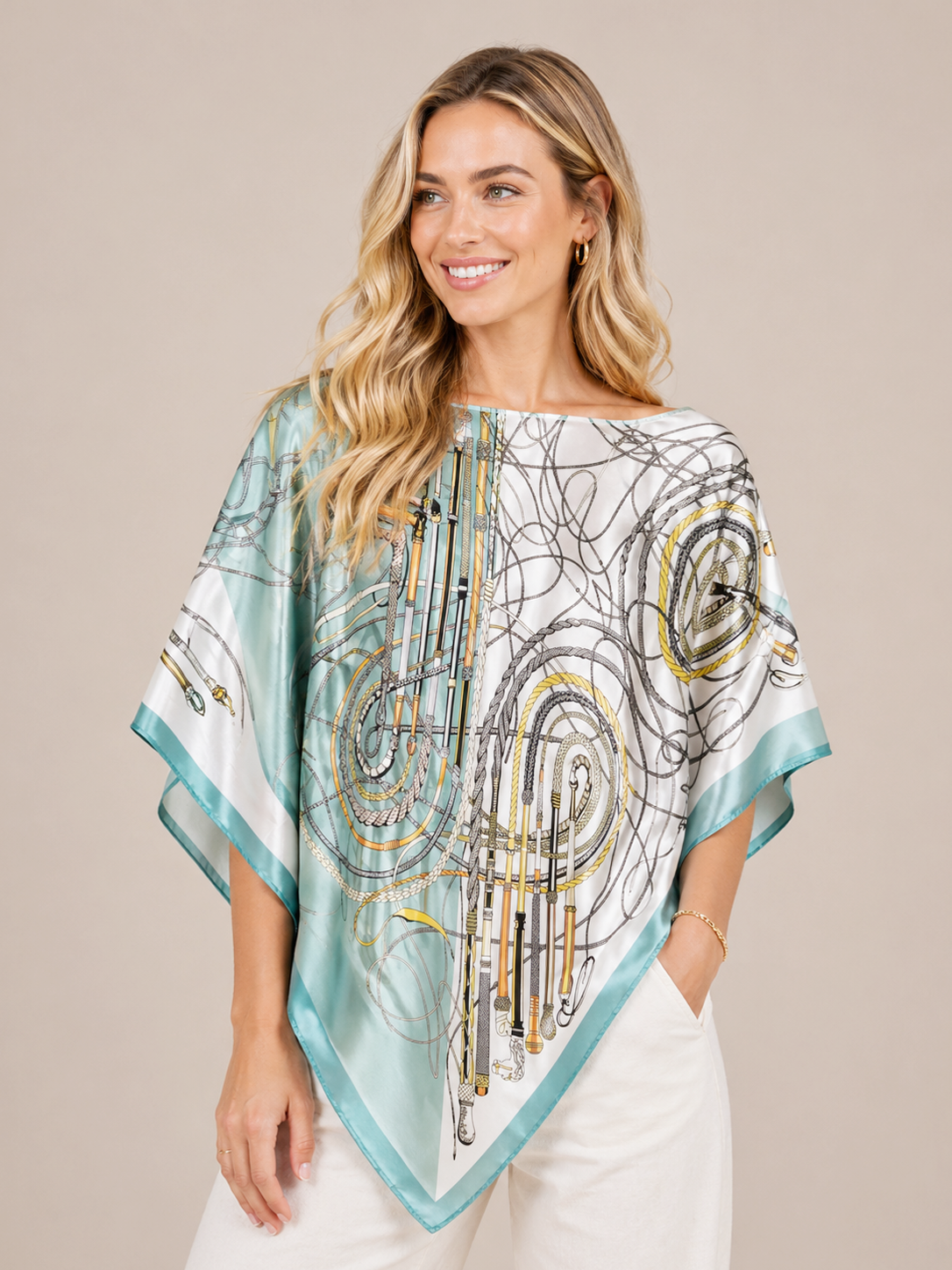 Silky Satin Print Scarf Poncho