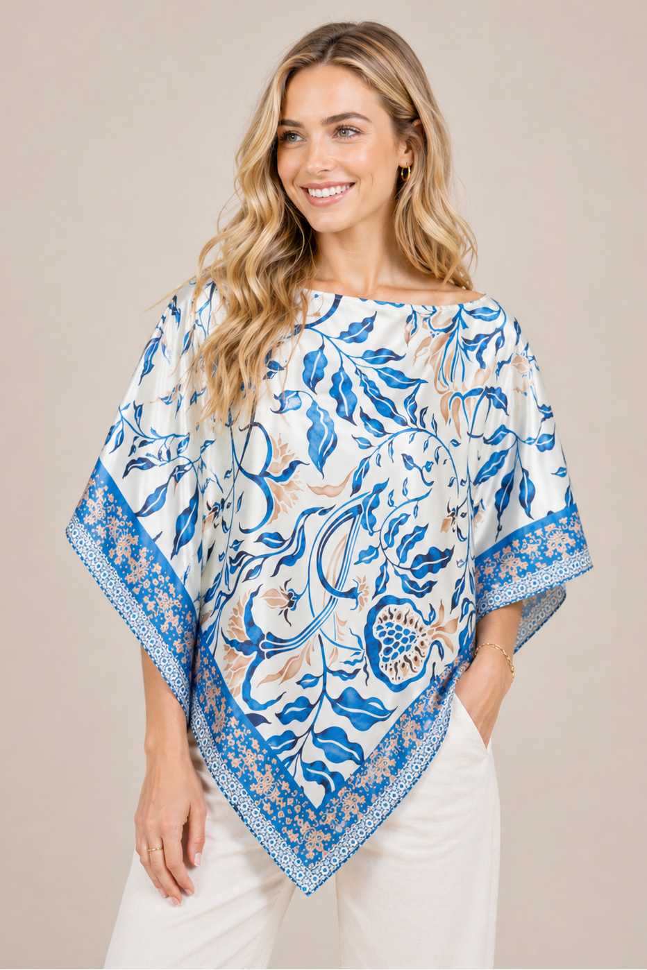 Silky Satin Print Scarf Poncho