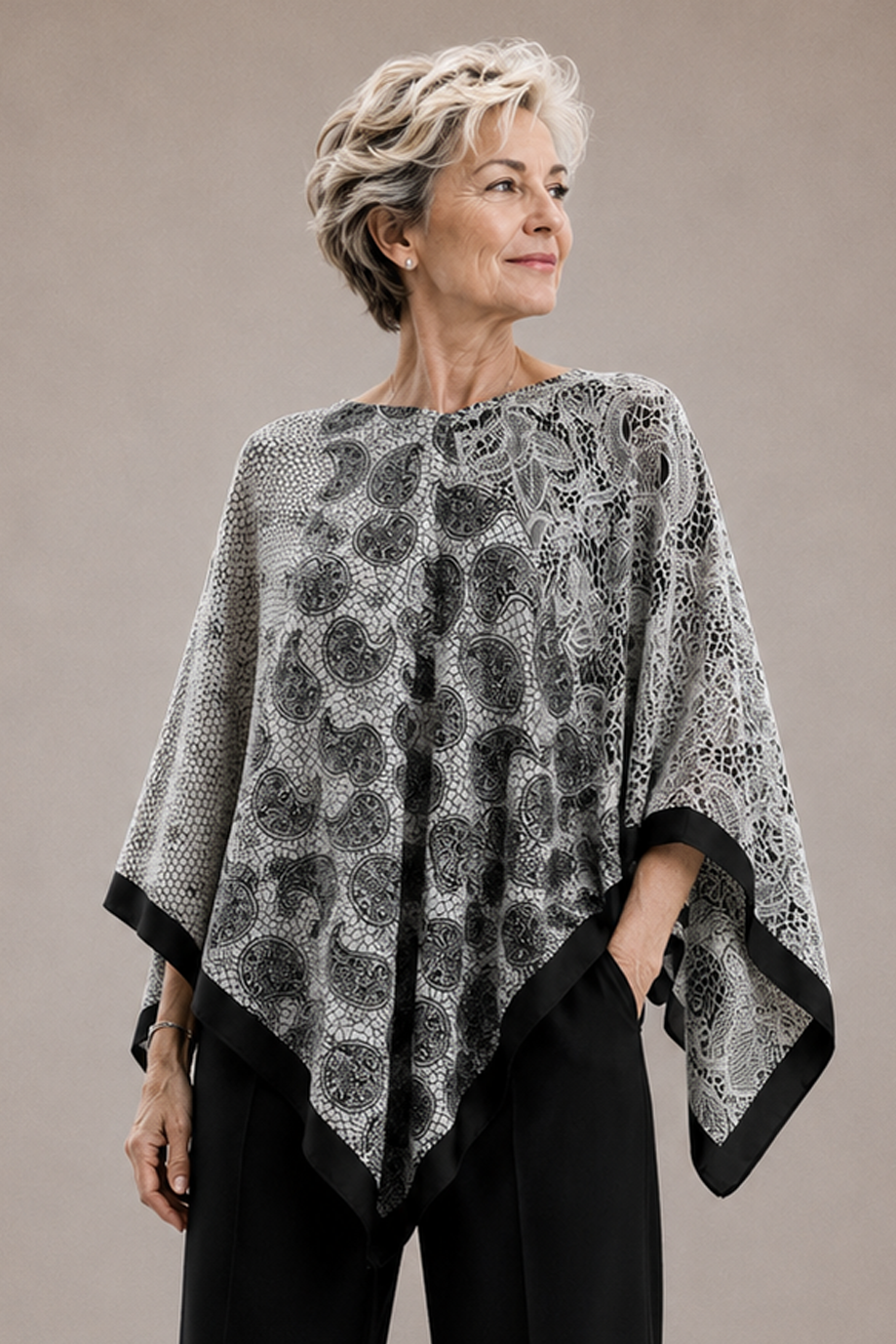 Silky Satin Print Scarf Poncho