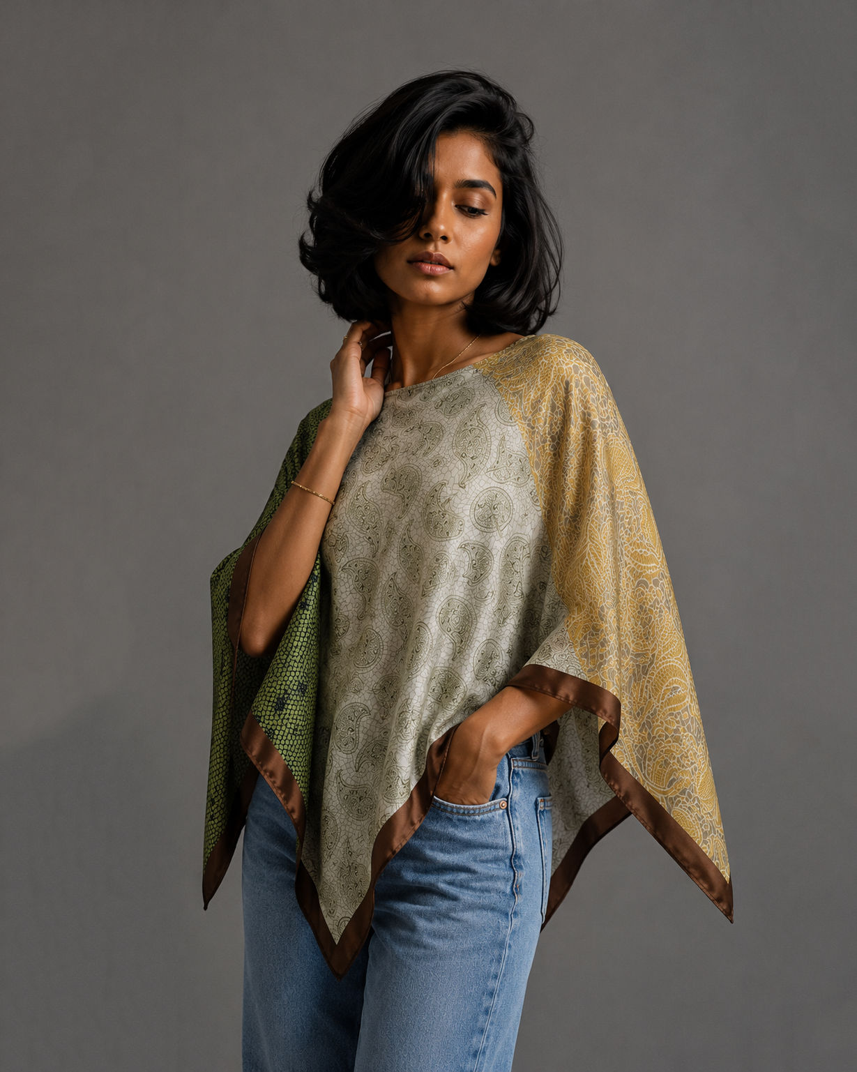 Silky Satin Print Scarf Poncho