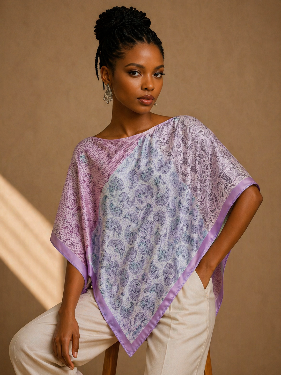 Silky Satin Print Scarf Poncho