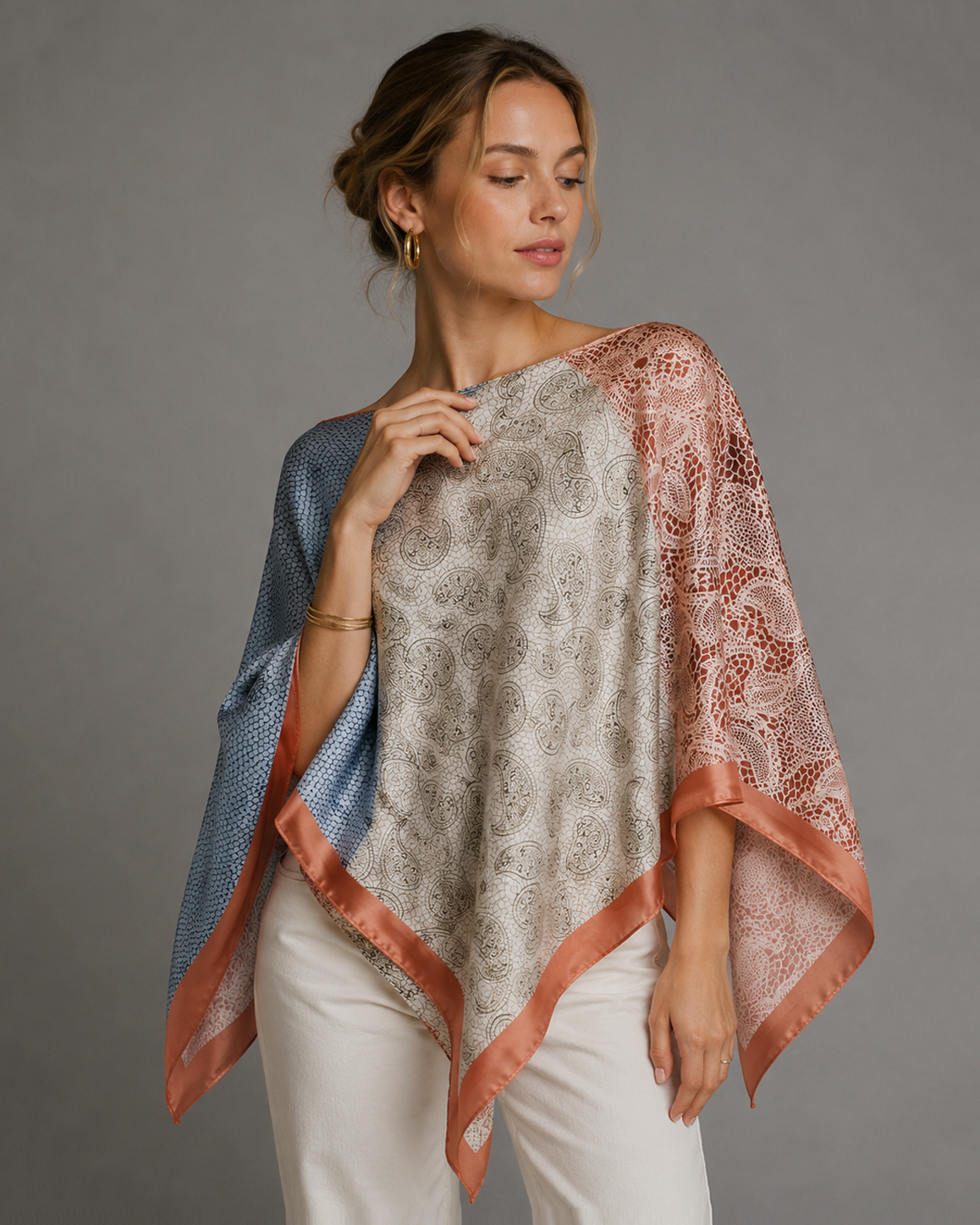 Silky Satin Print Scarf Poncho