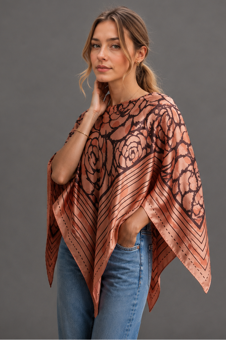 Silky Satin Print Scarf Poncho
