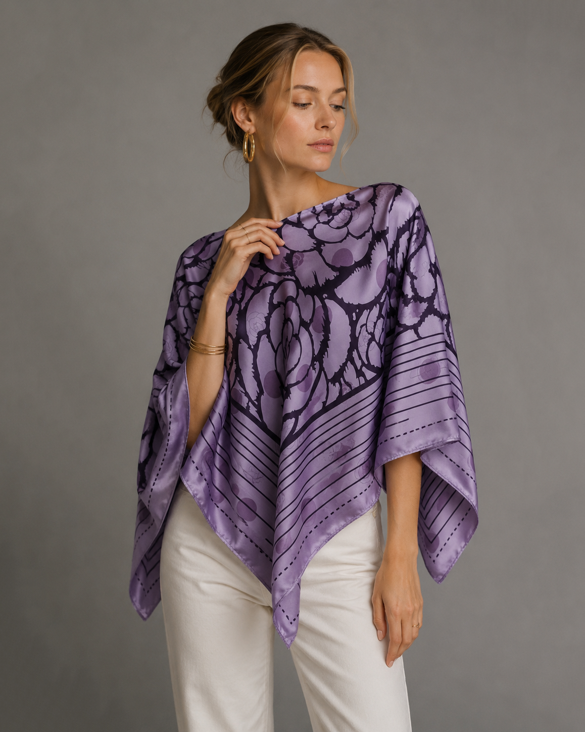Silky Satin Print Scarf Poncho