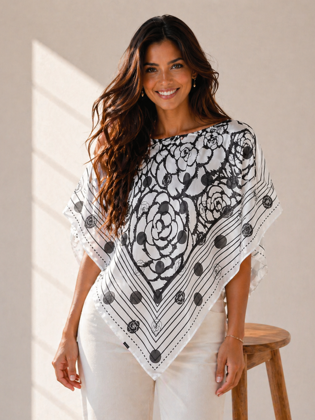Silky Satin Print Scarf Poncho