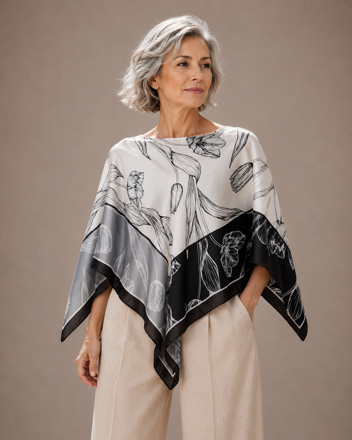 Silky Satin Print Scarf Poncho