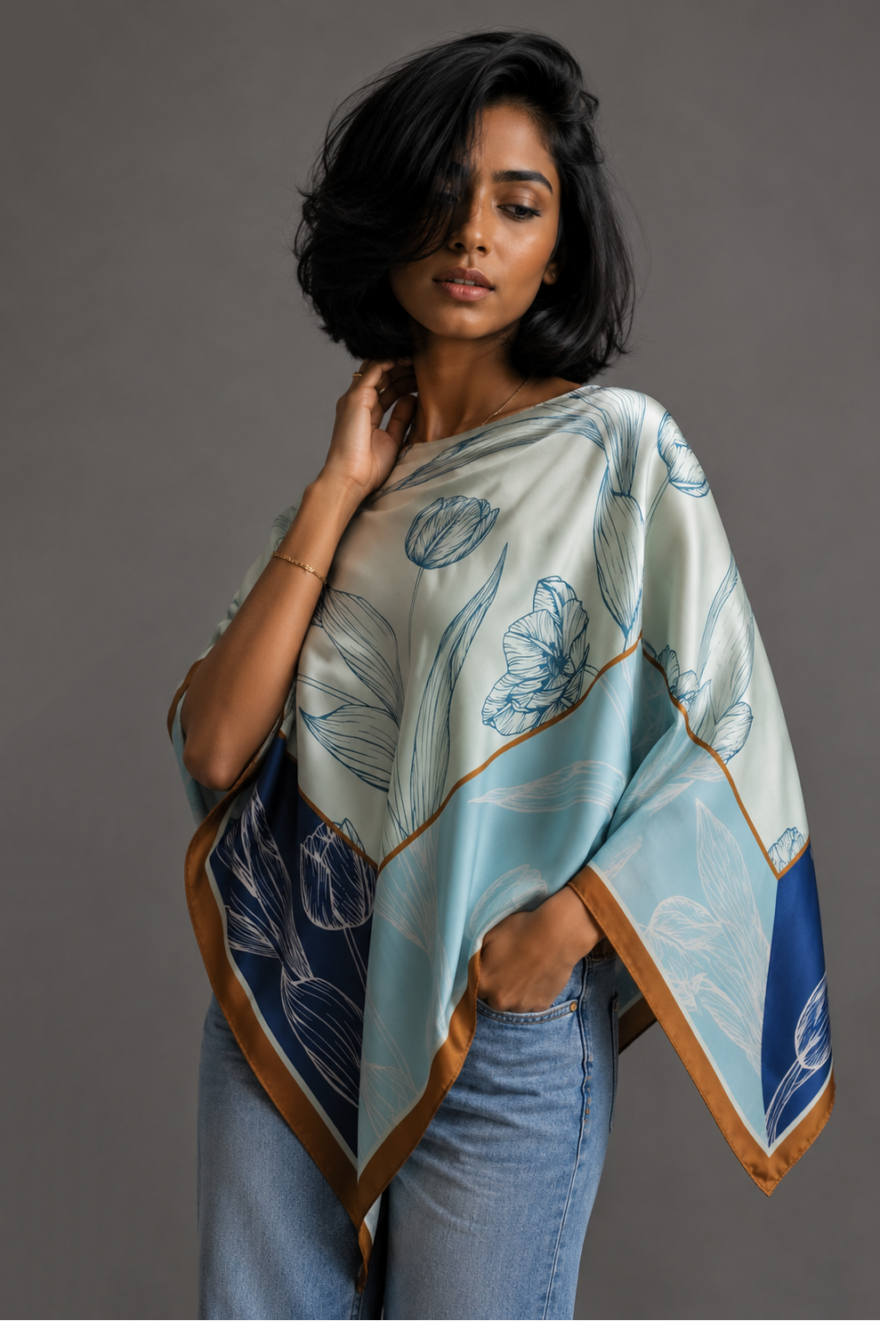 Silky Satin Print Scarf Poncho