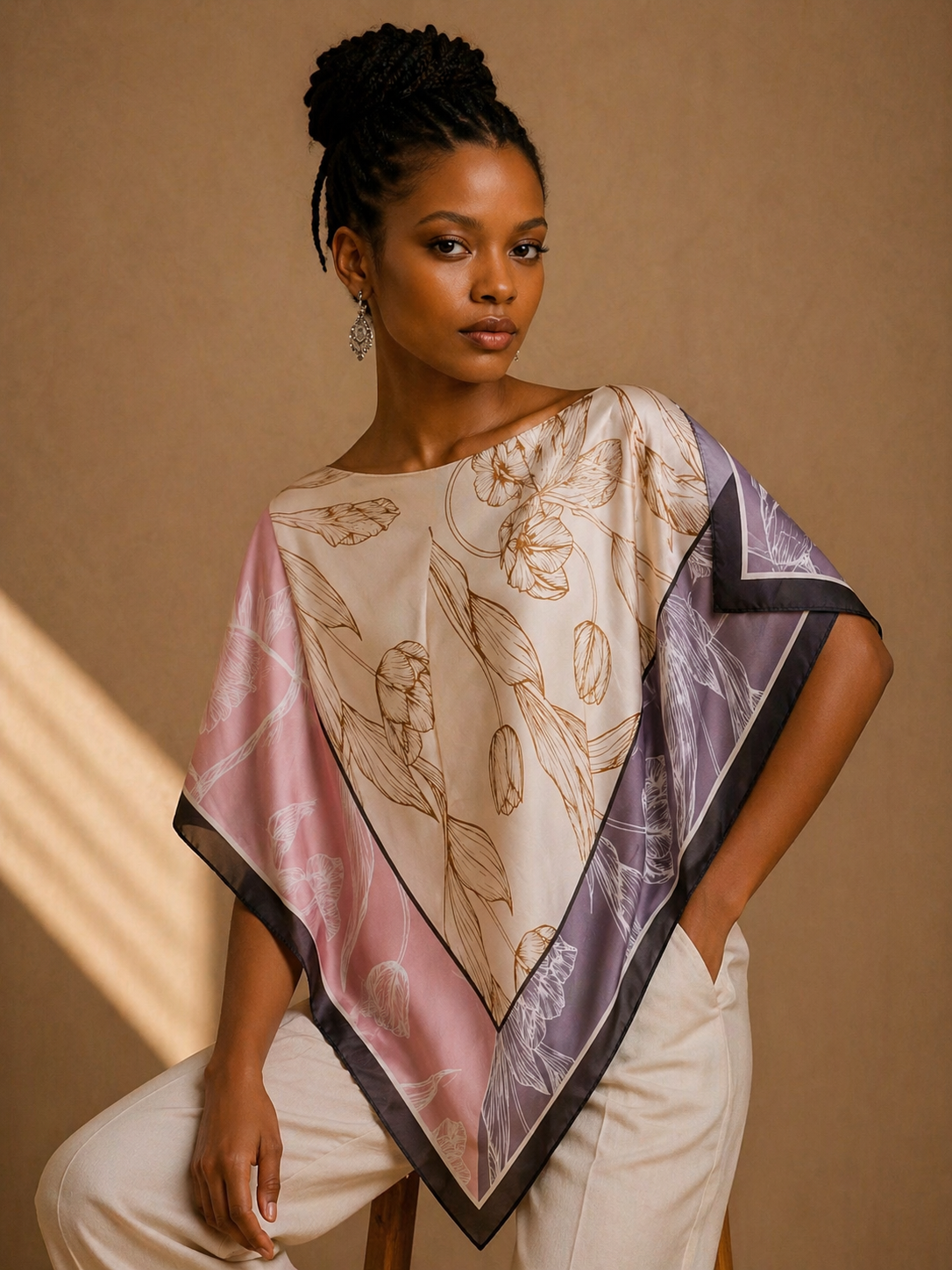 Silky Satin Print Scarf Poncho
