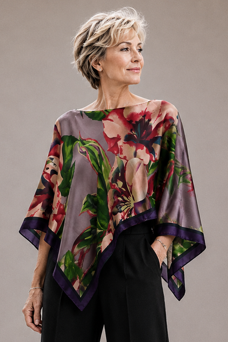Silky Satin Print Scarf Poncho