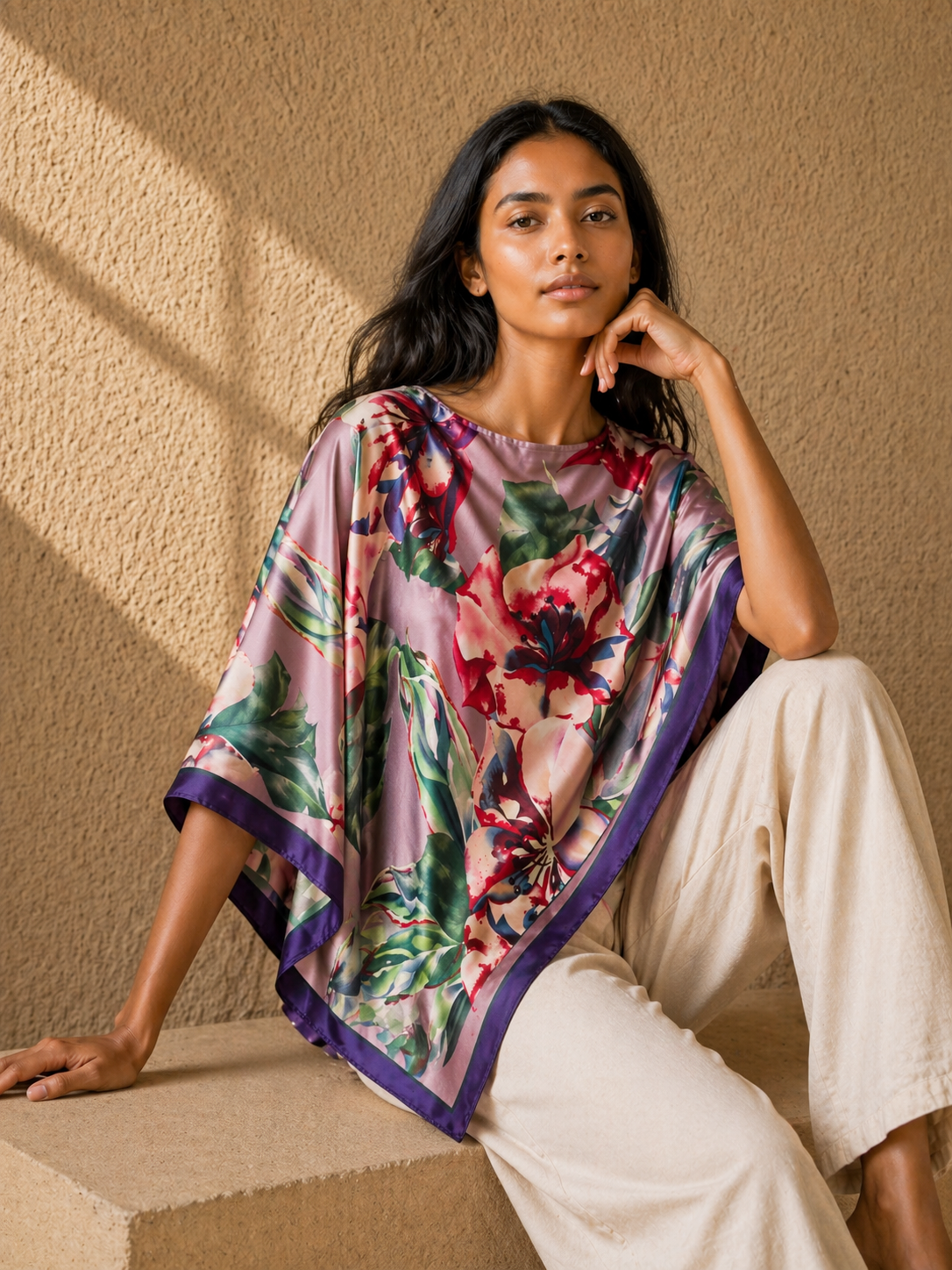 Silky Satin Print Scarf Poncho