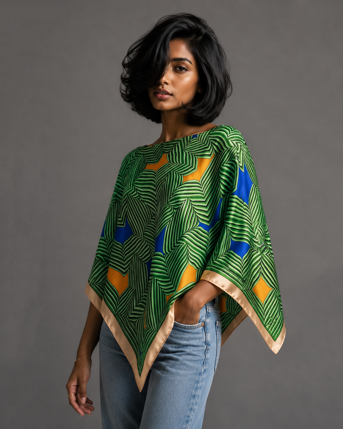 Silky Satin Print Scarf Poncho