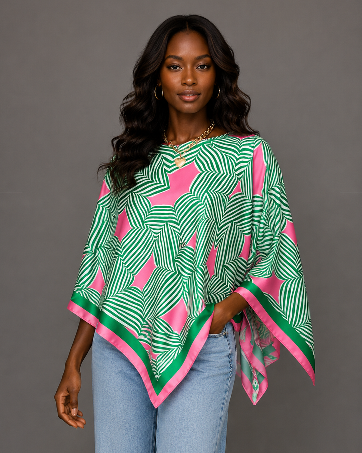 Silky Satin Print Scarf Poncho