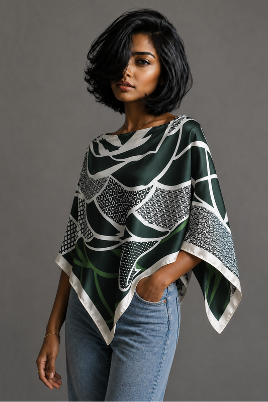 Silky Satin Print Scarf Poncho