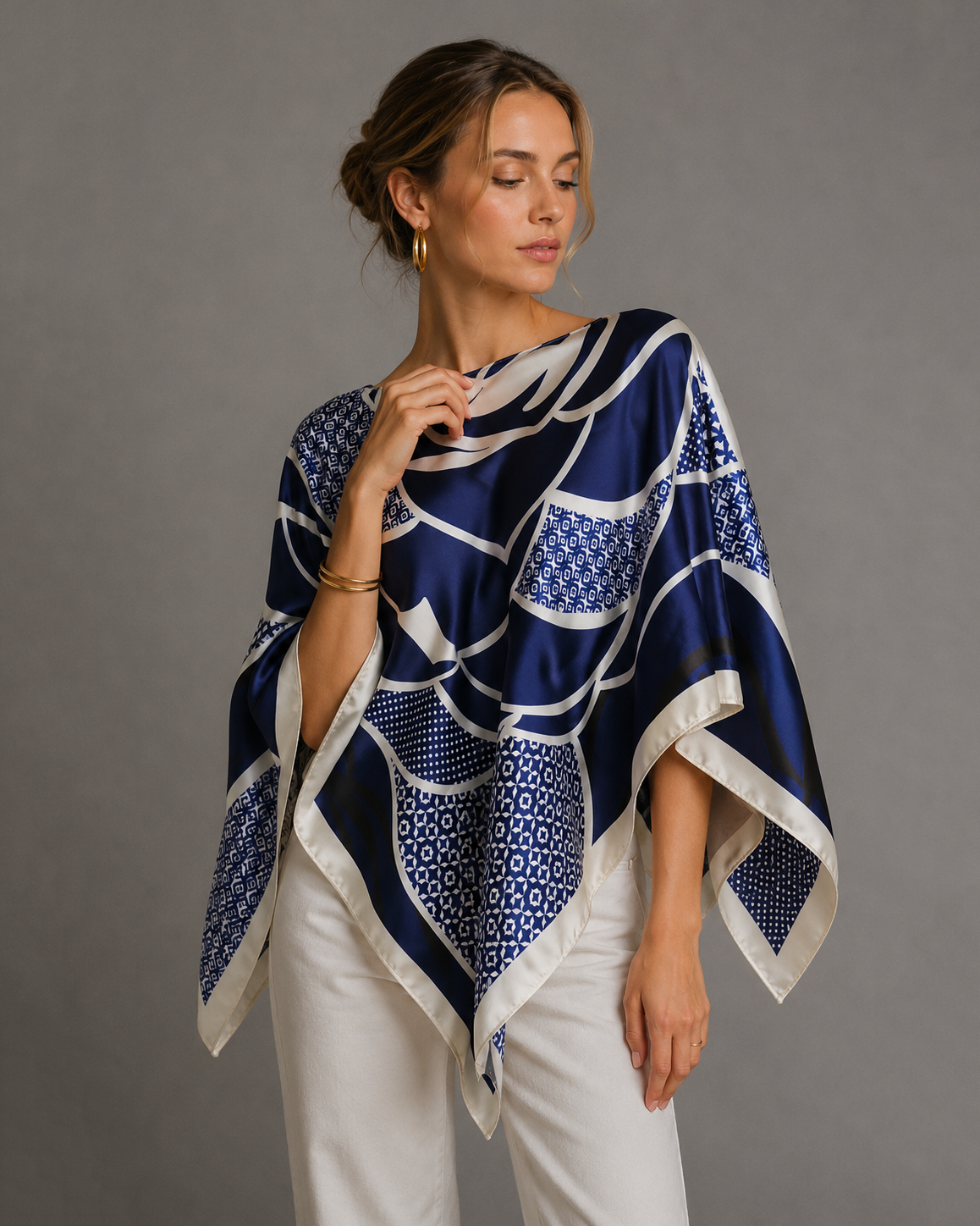 Silky Satin Print Scarf Poncho