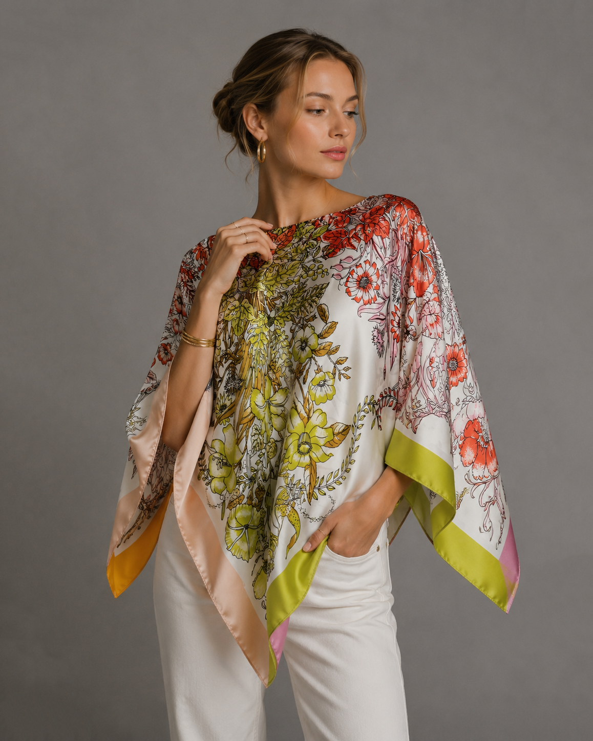 Silky Satin Print Scarf Poncho