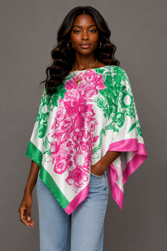 Silky Satin Print Scarf Poncho