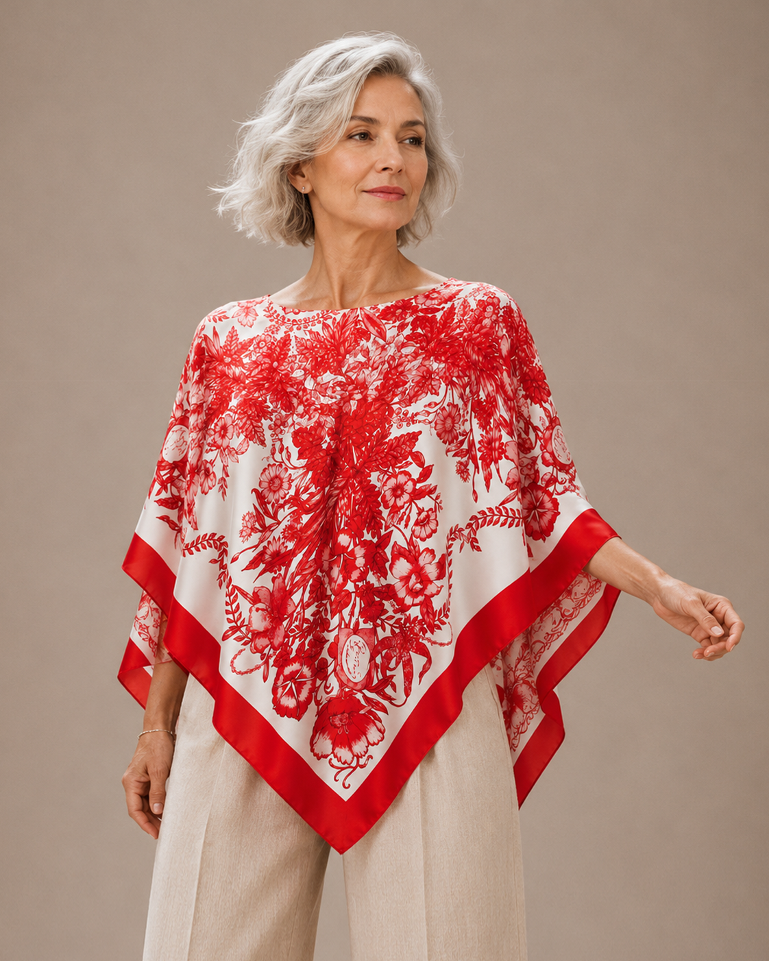 Silky Satin Print Scarf Poncho