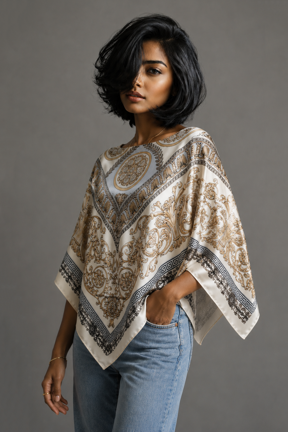 Silky Satin Print Scarf Poncho