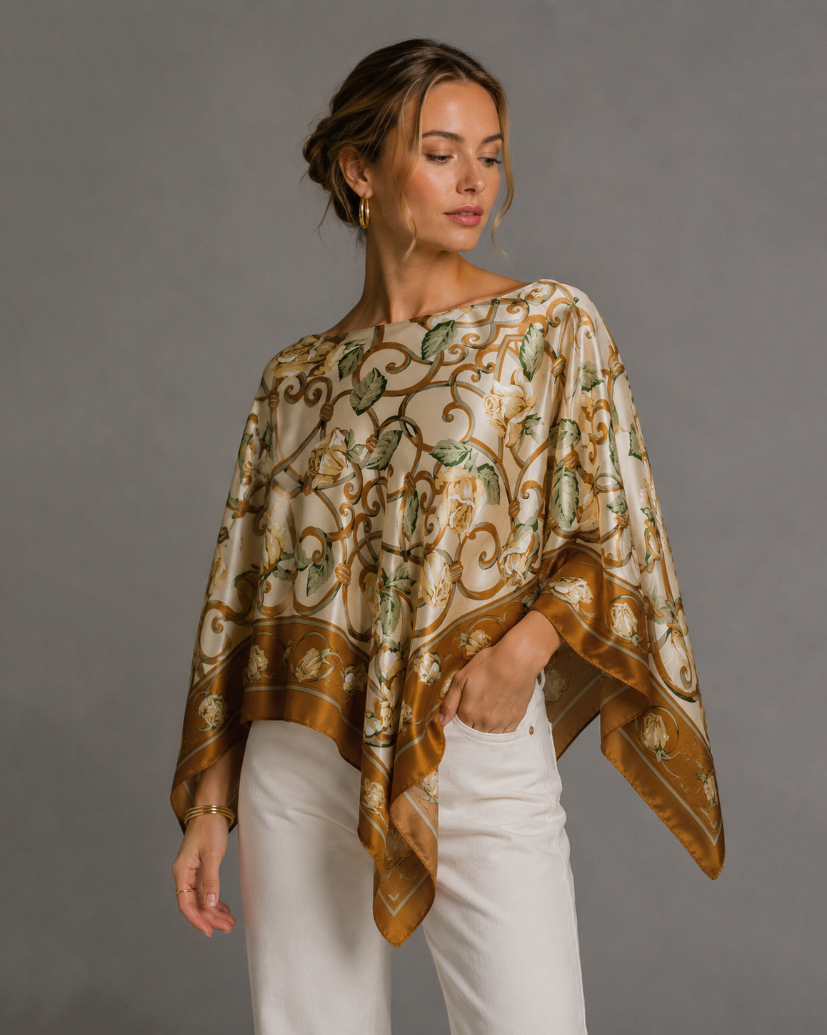 Silky Satin Print Scarf Poncho