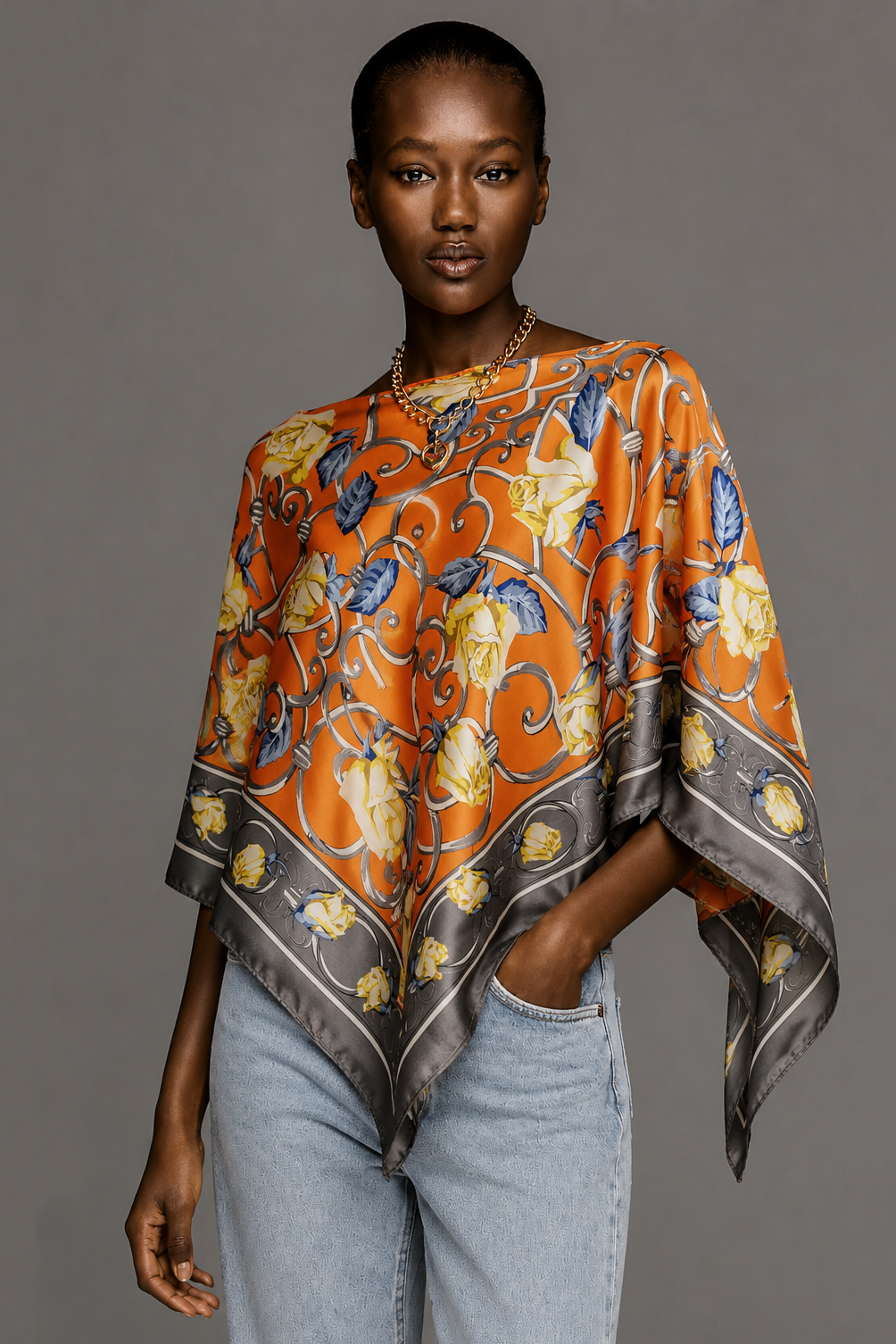 Silky Satin Print Scarf Poncho