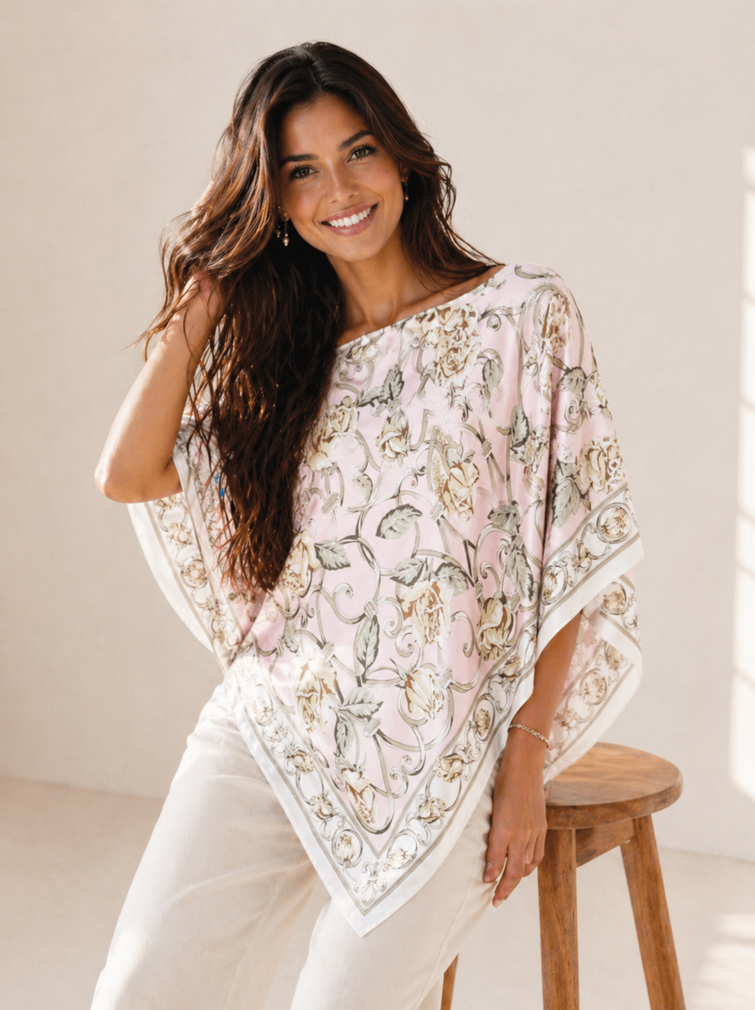 Silky Satin Print Scarf Poncho