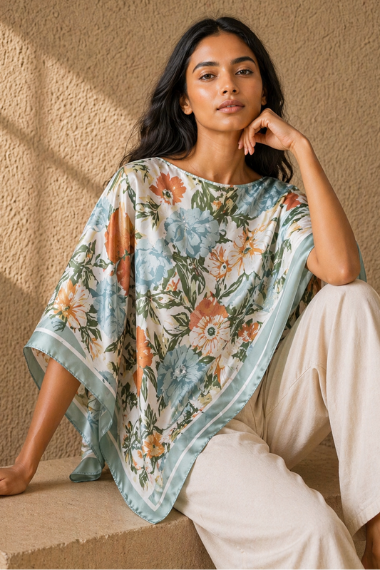 Silky Satin Print Scarf Poncho
