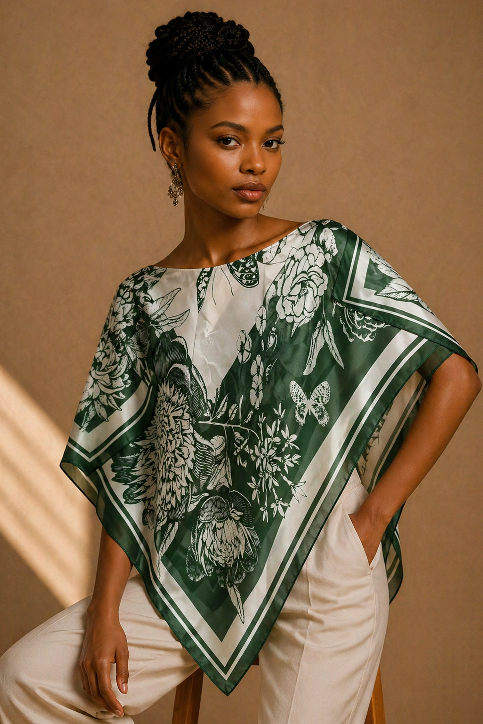 Silky Satin Print Scarf Poncho