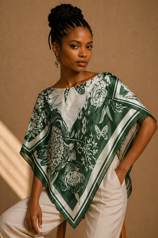 Silky Satin Print Scarf Poncho
