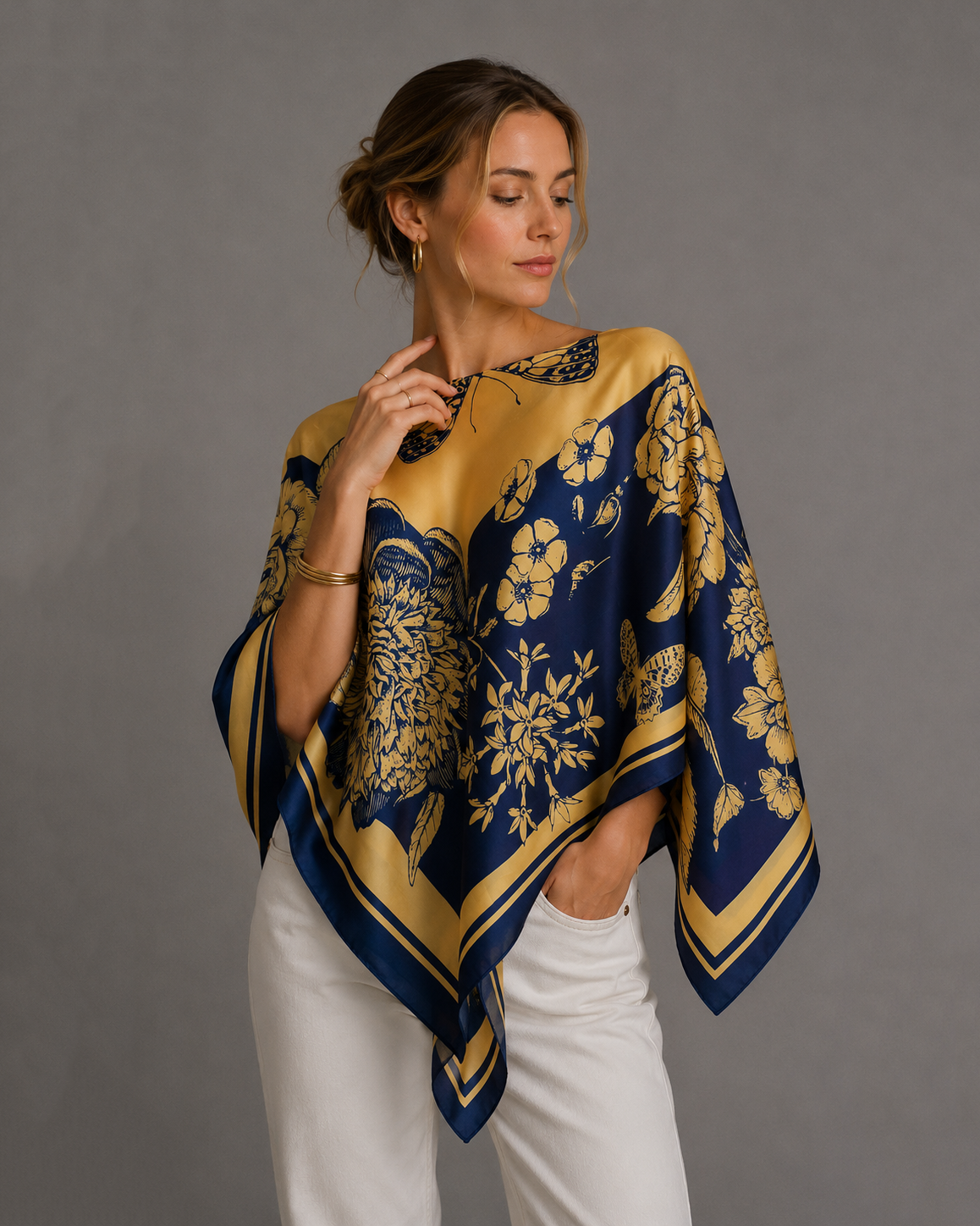 Silky Satin Print Scarf Poncho