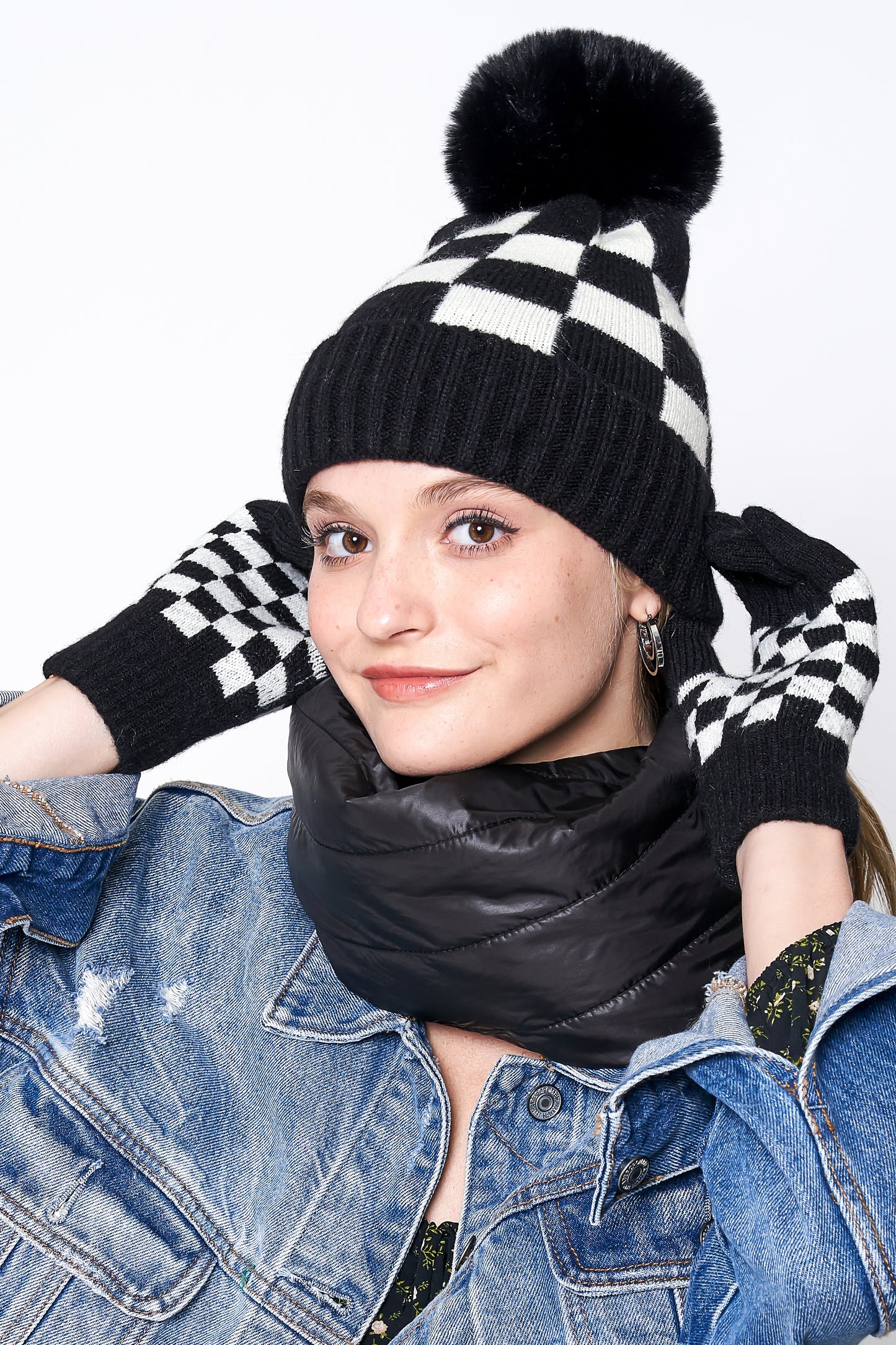 Checkered Beanie With Pom