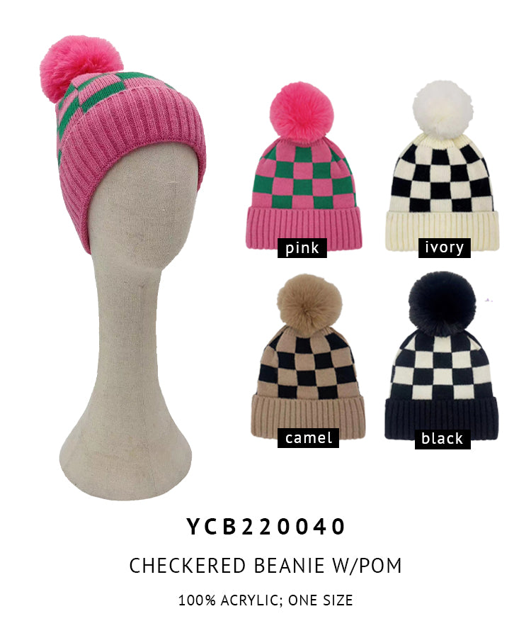 Checkered Beanie With Pom