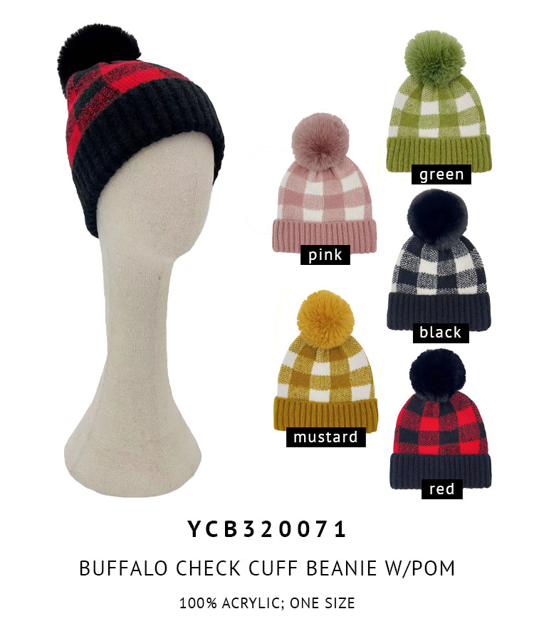 Buffalo Check Cuff Beanie With Pom