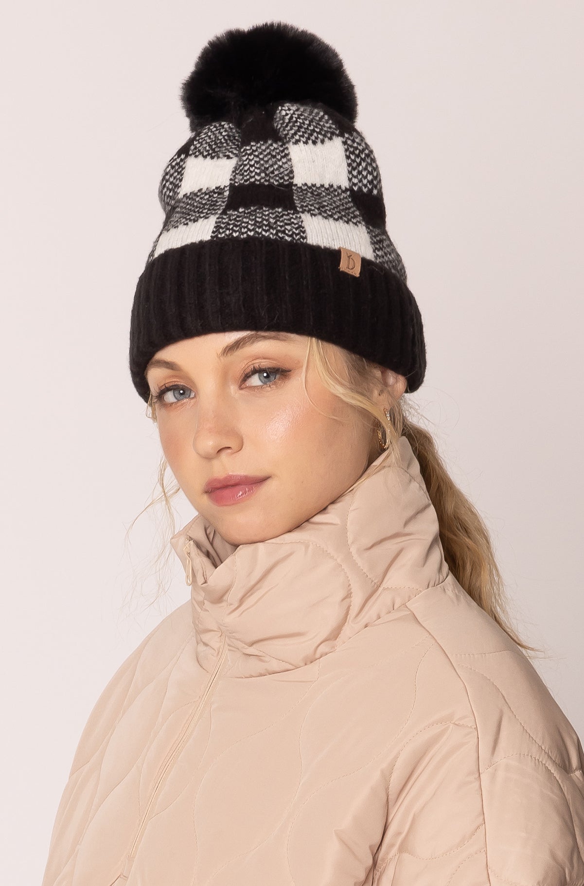 Buffalo Check Cuff Beanie With Pom