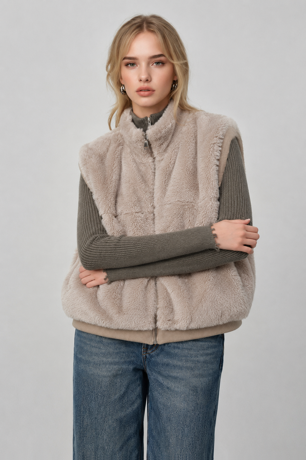 Faux Fur Rib Sleeve Vest