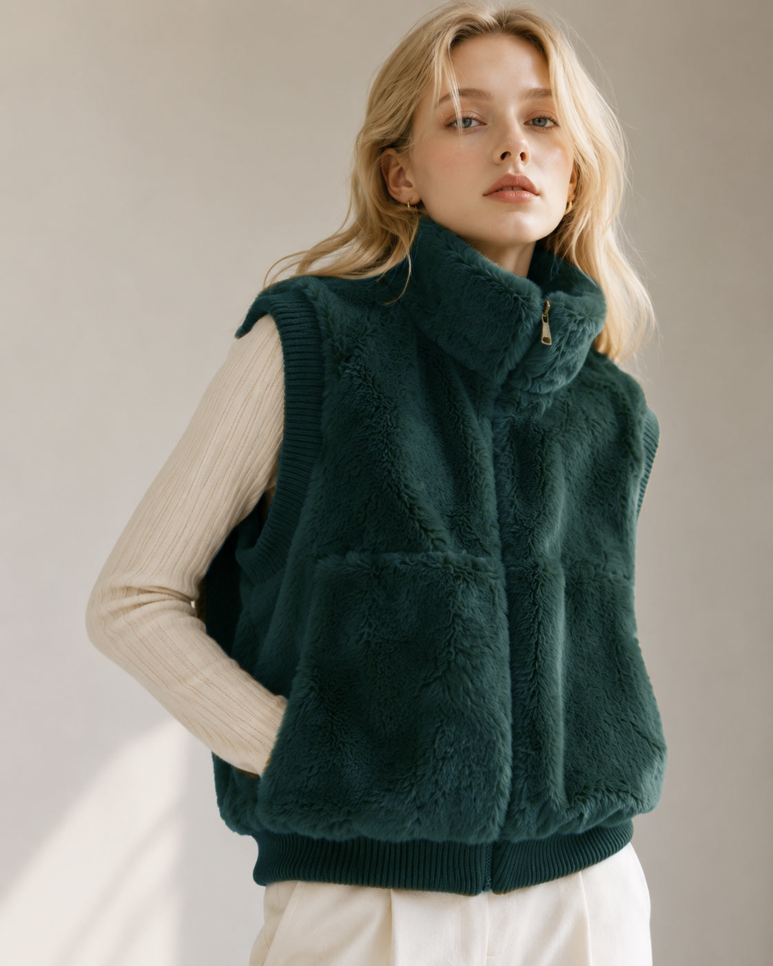 Faux Fur Rib Sleeve Vest