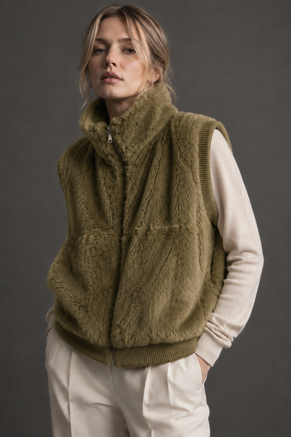Faux Fur Rib Sleeve Vest