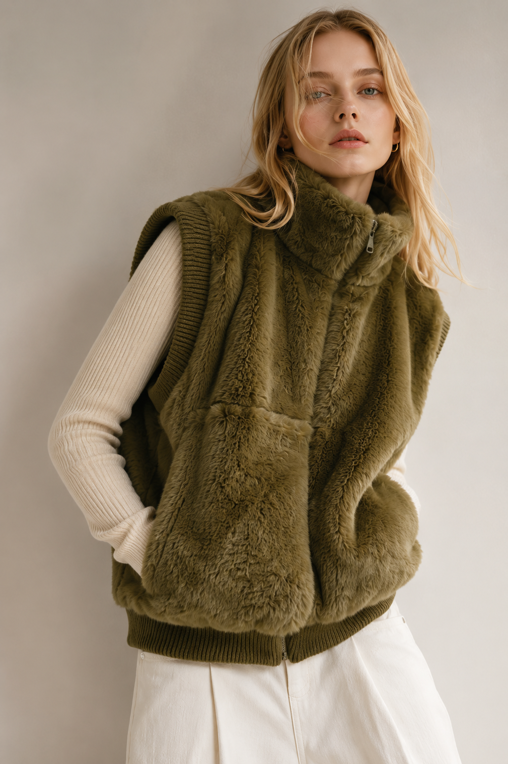 Faux Fur Rib Sleeve Vest