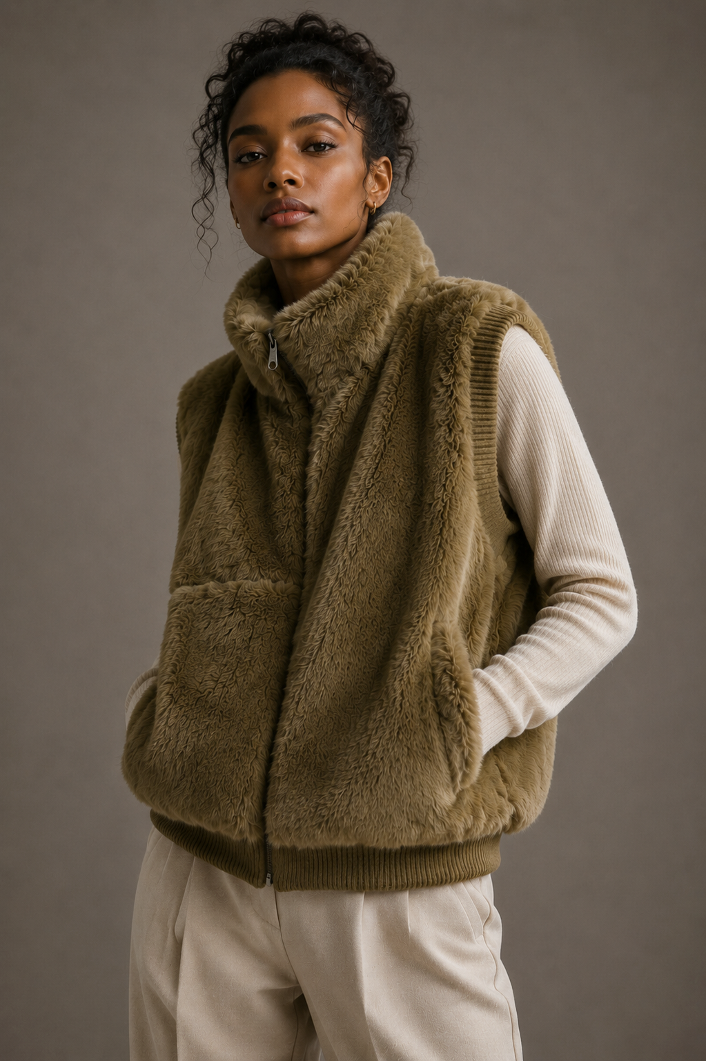 Faux Fur Rib Sleeve Vest