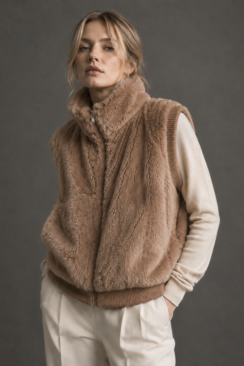 Faux Fur Rib Sleeve Vest