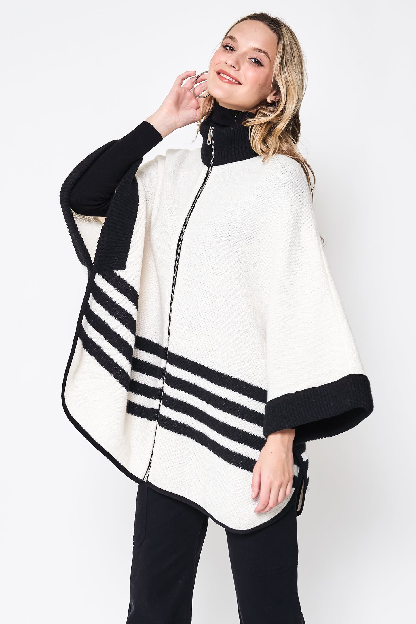 Sporty Bordered Zip Up Knit Kimono