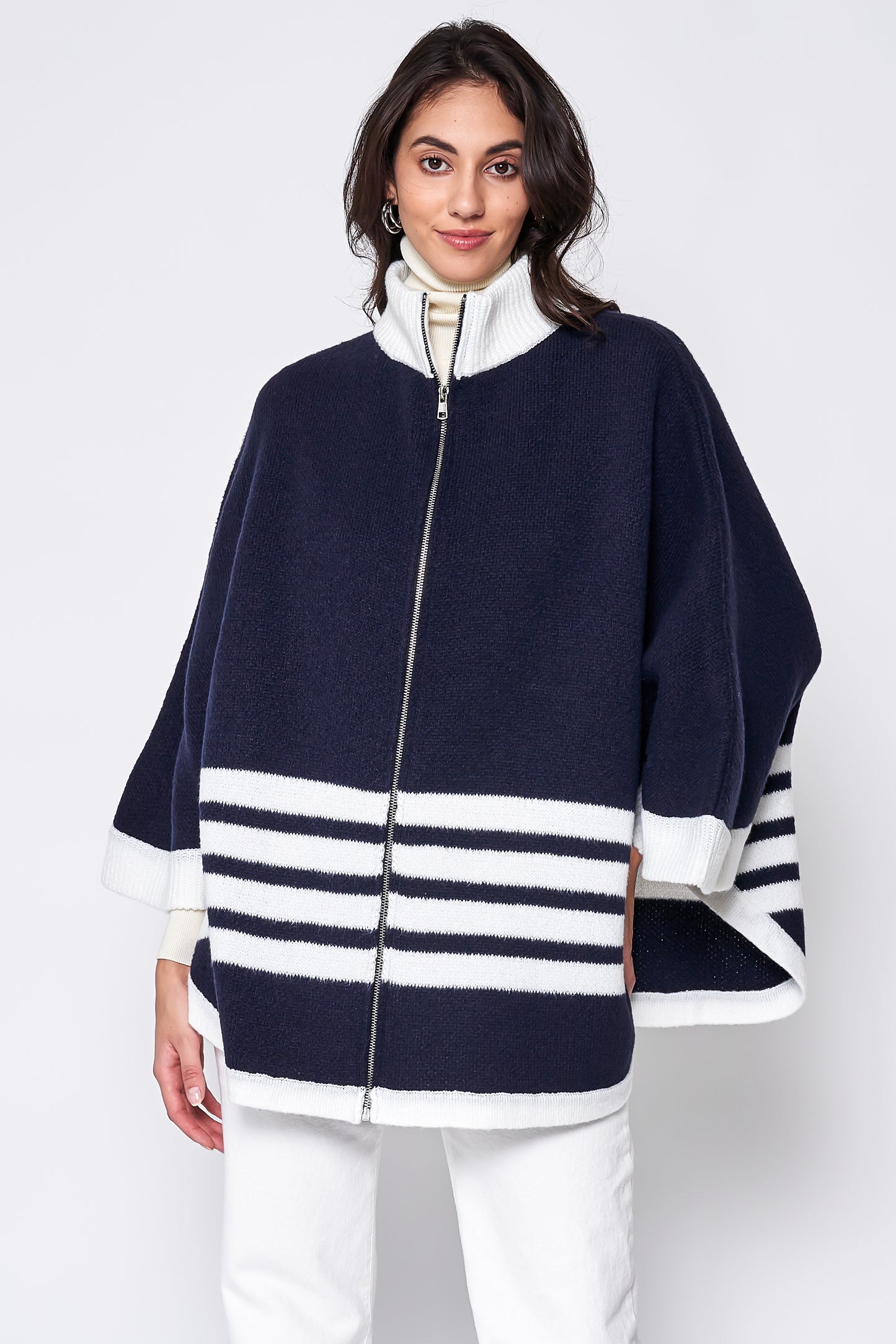 Sporty Bordered Zip Up Knit Kimono