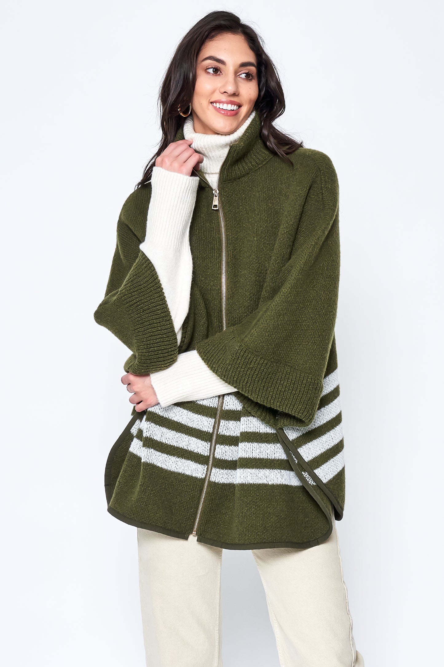 Sporty Bordered Zip Up Knit Kimono