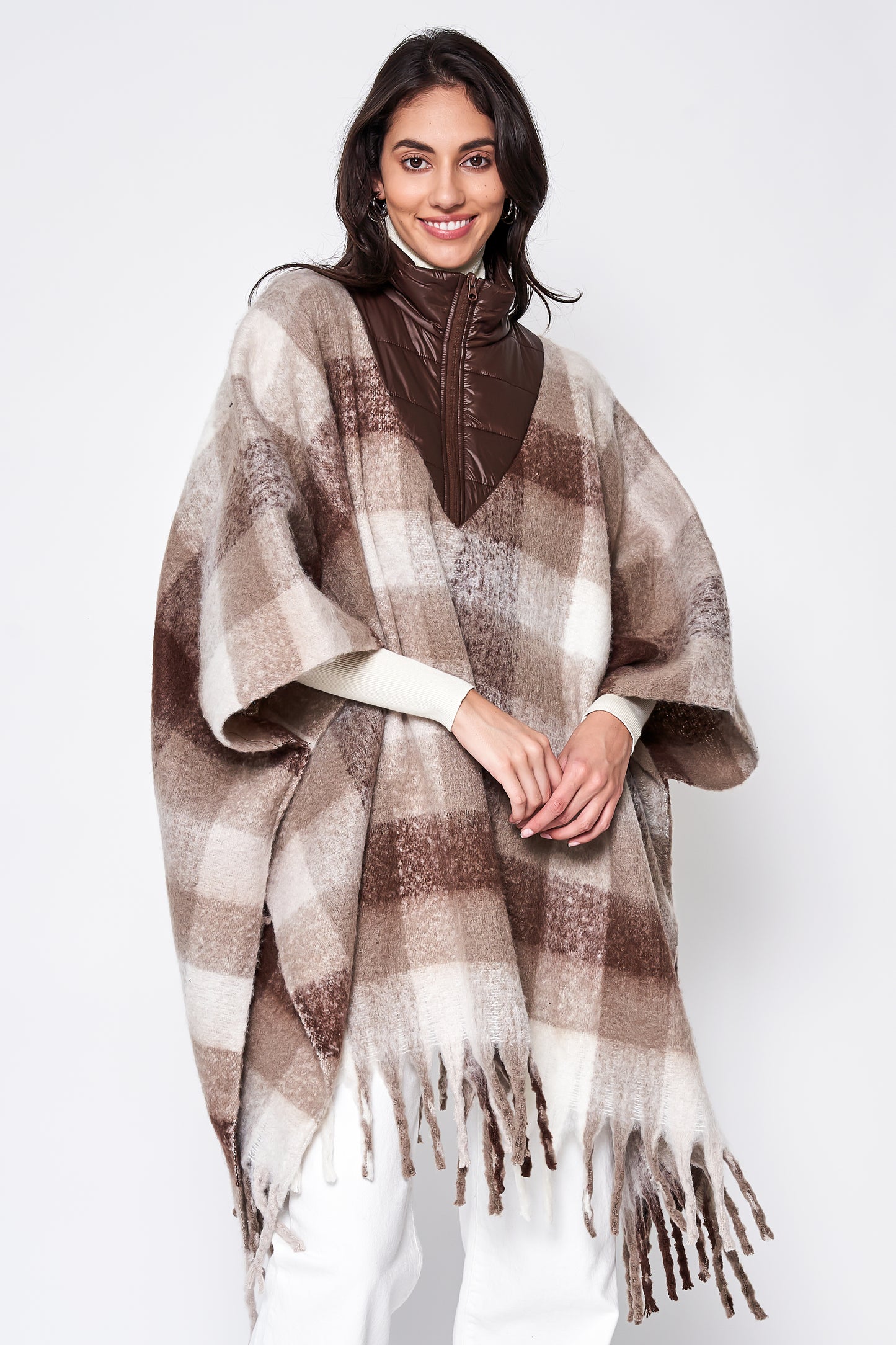 Plaid Half Zip Up Fringe Poncho